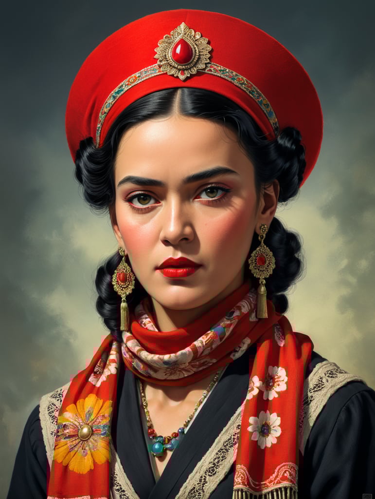Frida Khalo in a red hat and scarf in a pictorial review cover, 1920s showy color, 1 9 2 0 s advertisement, 1 9 2 0 s Cloth hair, JC LeyendeCker 8 K, j. C. LeyendeCker 8 K, j. C. LeyendeCker. Black hair