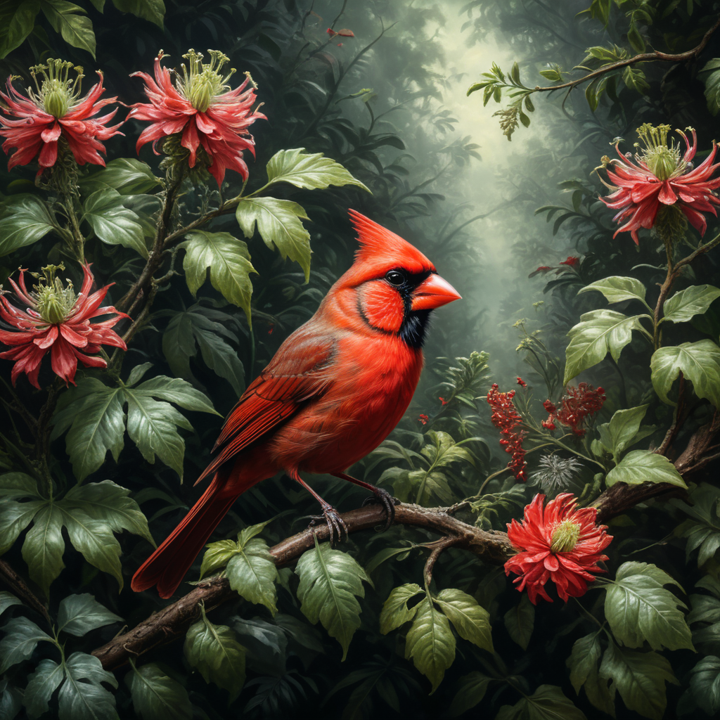 An Edwardian botanical oil painting, illustration of a red cardinal bird on a branch surrounded by flora and fauna