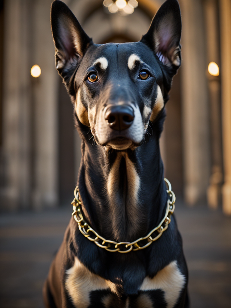 Podengo dog, golden chain, aggresive look, in front of a castle, dramatic Lighting, Depth of field, Incredibly high detailed, deep colors, professional photo
