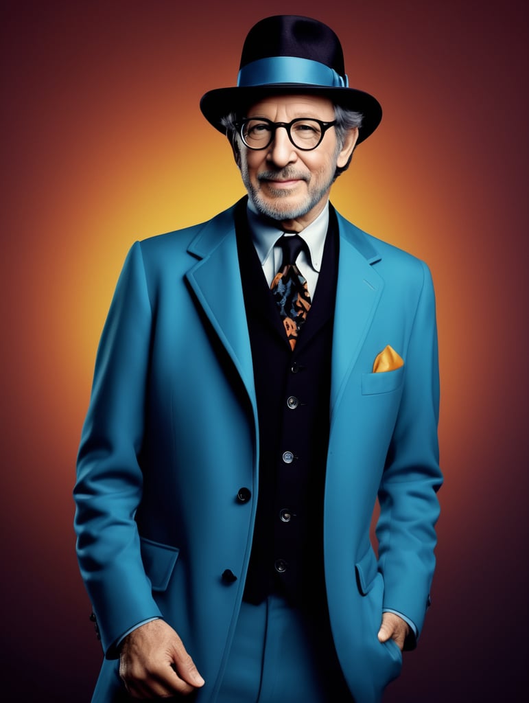 Steven Spielberg in Halloween costume, retro style, 60s, Vivid saturated colors, Contrast color, Blue and black colors