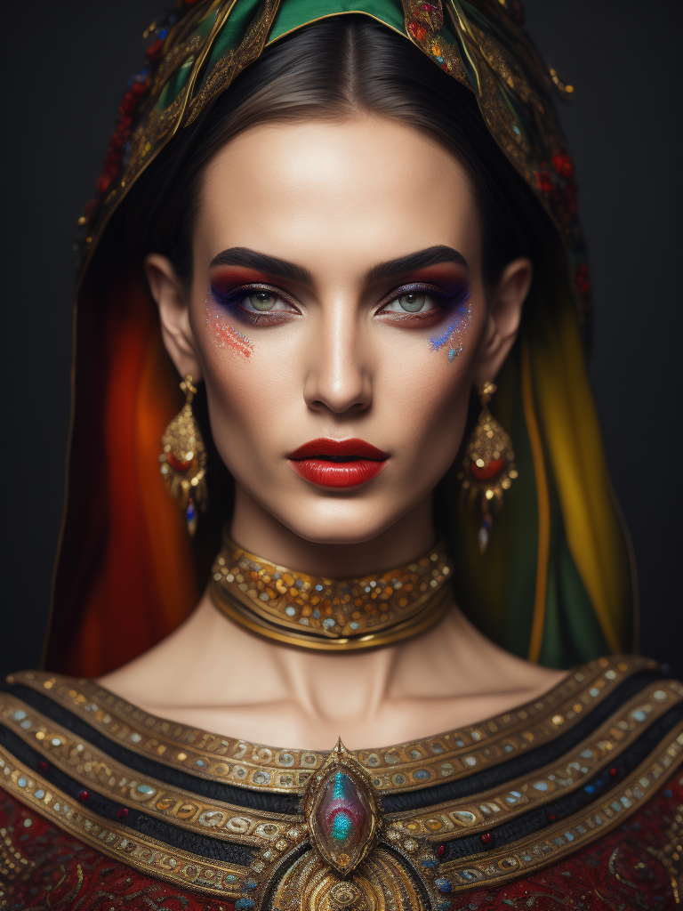 Portrait of Venera, bright and saturated colors, elegant, highly detailed, vogue, fashion magazine, sharp focus, Bright expressive makeup, Dramatic Lighting, Depth of field, Incredibly high detailed, blurred background