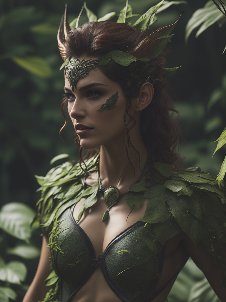 Ultrafine female pan, looking at the camera, front view, with short and curve horns, leaves on its hair, fire flyes around,god of nature, inspired by Poison Ivy from Batman, inspired by swamp thing, sharp details,