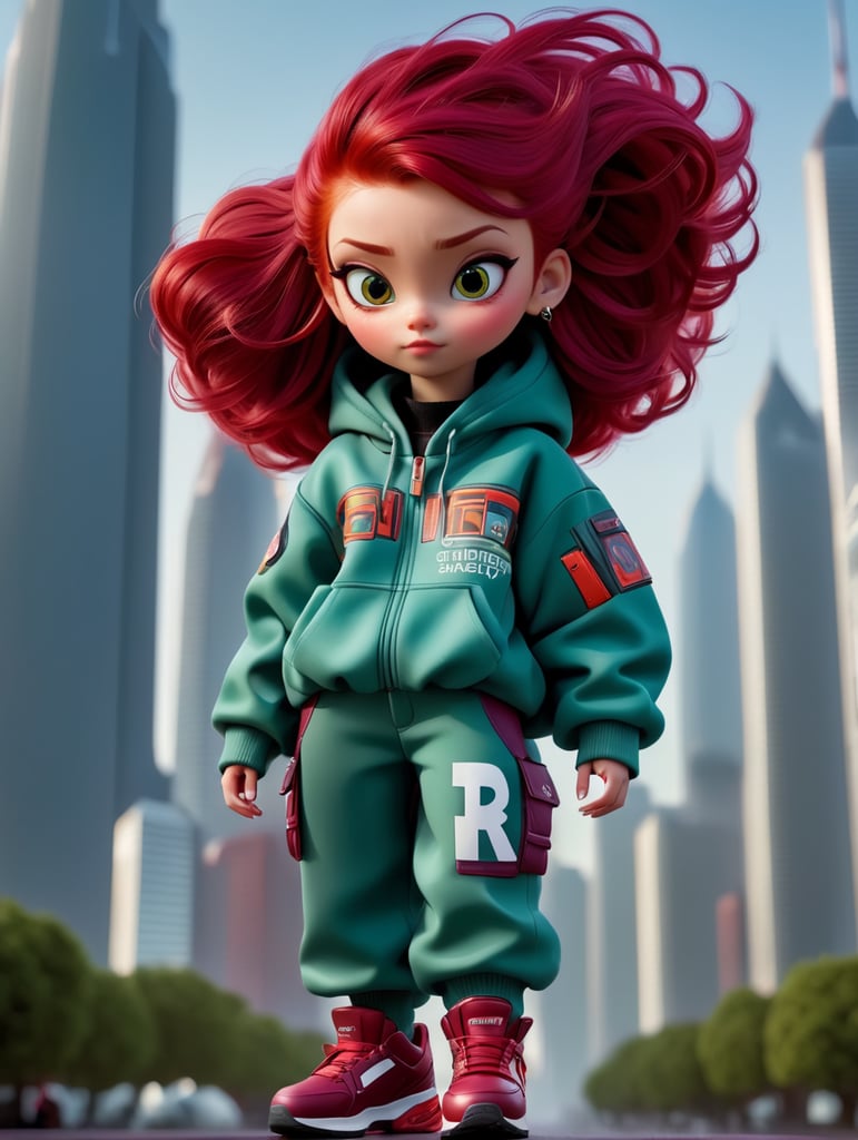 A young beautiful girl in futurestic HOODY jacket and pants and red hair against the backdrop of a skyscraper in red-burgundy tones, blurred background, focus on the girl, detailed cloth, Dramatic Lighting, Depth of field, Incredibly high detailed shoes make from dark slime, venom, sci-fi , deep atmosphere, dark, saturation, vibrance, sharp bright and saturated colors, elegant, highly detailed, vogue, fashion magazine,