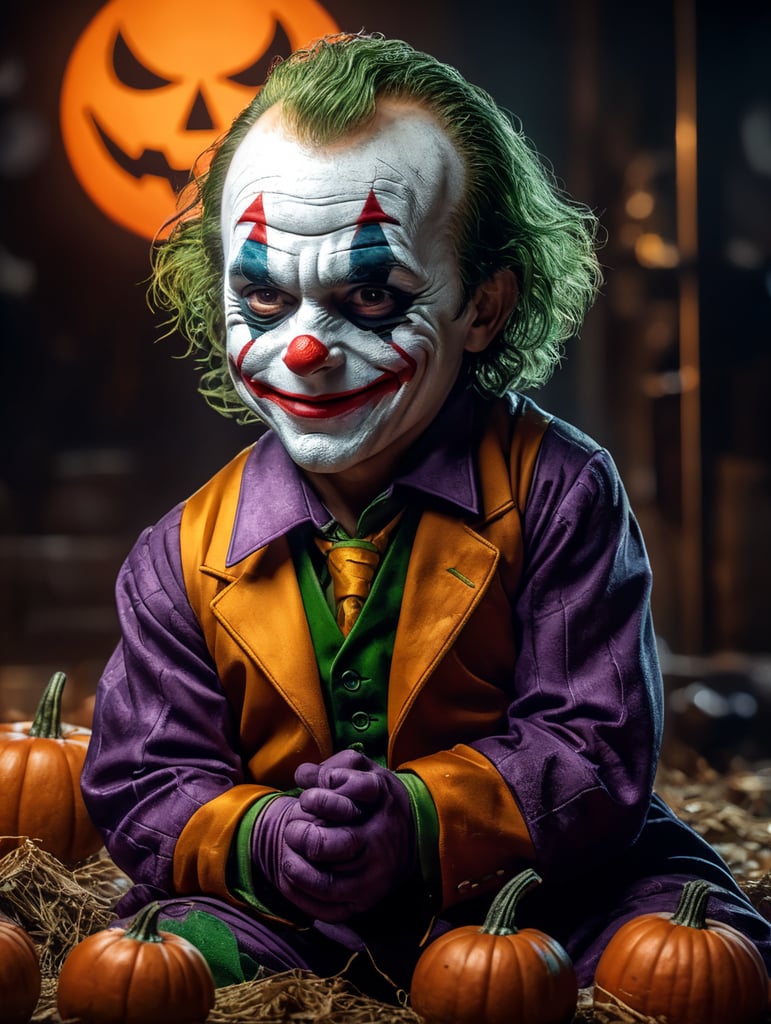 Joker as a little cute baby, Halloween, Vivid saturated colors, Contrast color
