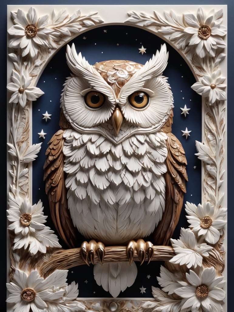 Picture an owl in 3D bas-relief, its feathers intricately detailed for a lifelike texture. Its wise, piercing eyes dominate the piece. A palette of browns and whites, set against a night sky backdrop, with a mystical, moonlit border.