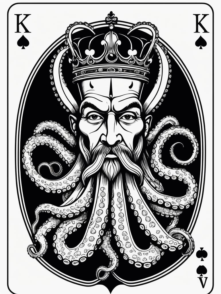 king octopus of clubs playing card, face card, linocut art style, black ink, ultra realism, simple lines, vector