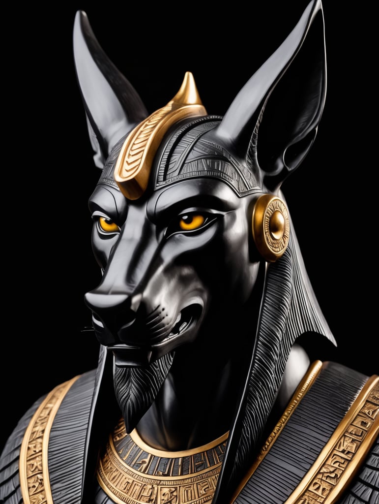 Egyptian god Anubis, statue, carved black wood, portrait, hyper-realistic, dark style, focus on face, sharp on details, black background