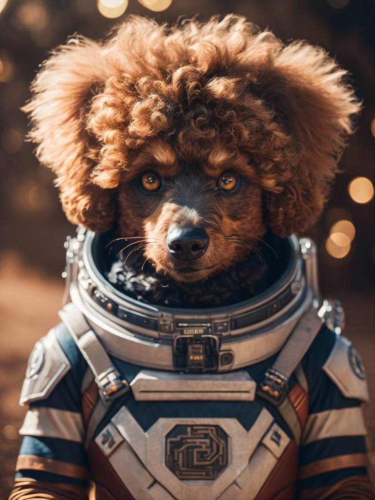A curly poodle like a Rocket Raccoon from Guardians of the Galaxy wearing astronaut costume on the Mars