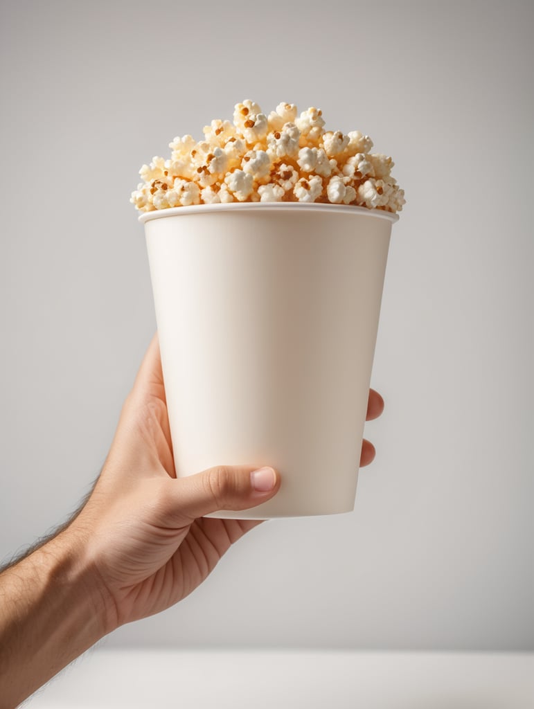 A cartoon hand is holding a popcorn cup, cartoon, 3d render, soft light, white background, mockup, mock up