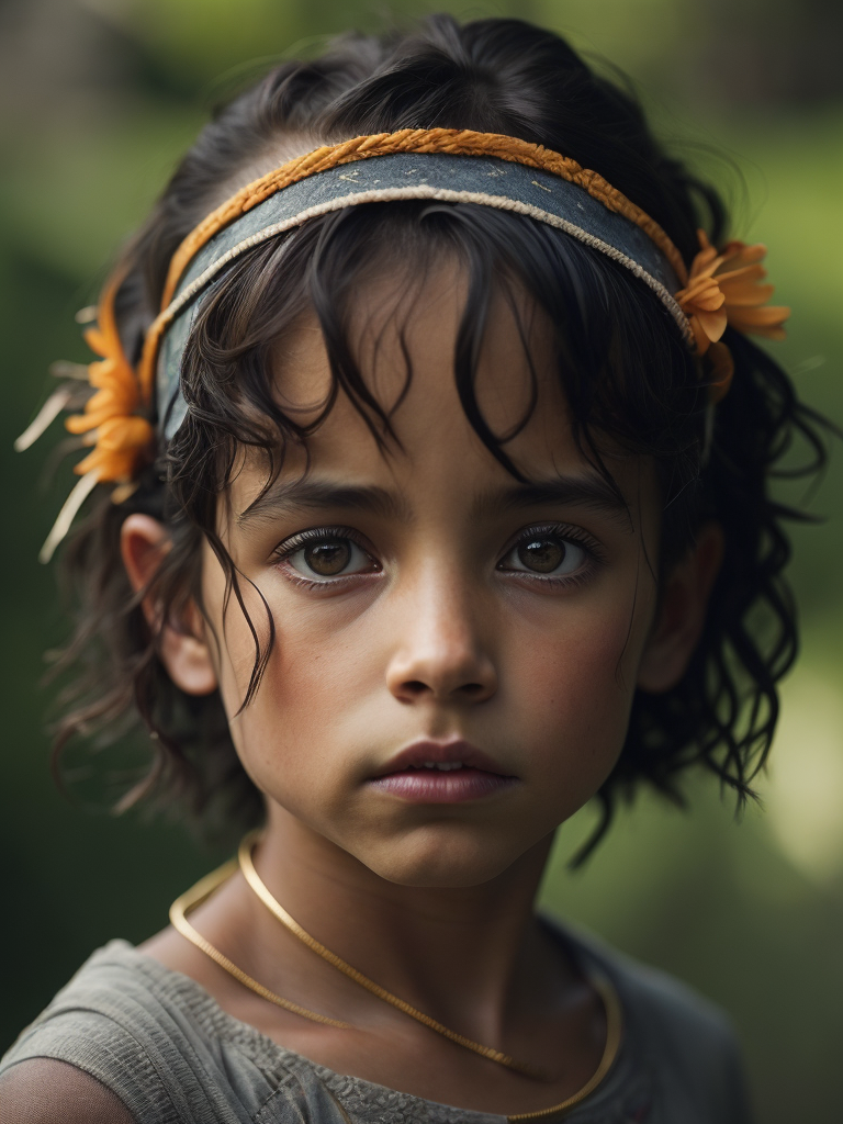 Portrait of an Brazilian amazon child, high definition, photography, cinematic, detailed character portrait, detailed and intricate environment