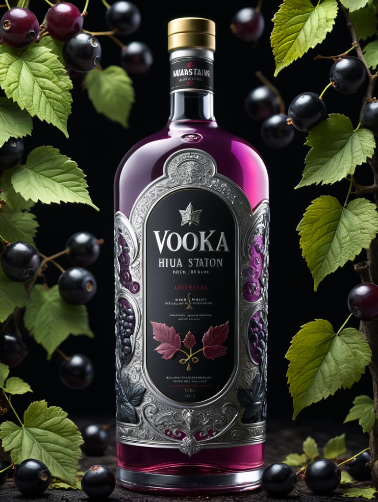 Packaging and branding for a vodka brand as if it had been designed by HI ESTUDIO with In a set design with bricks, black currant and dry leaves.