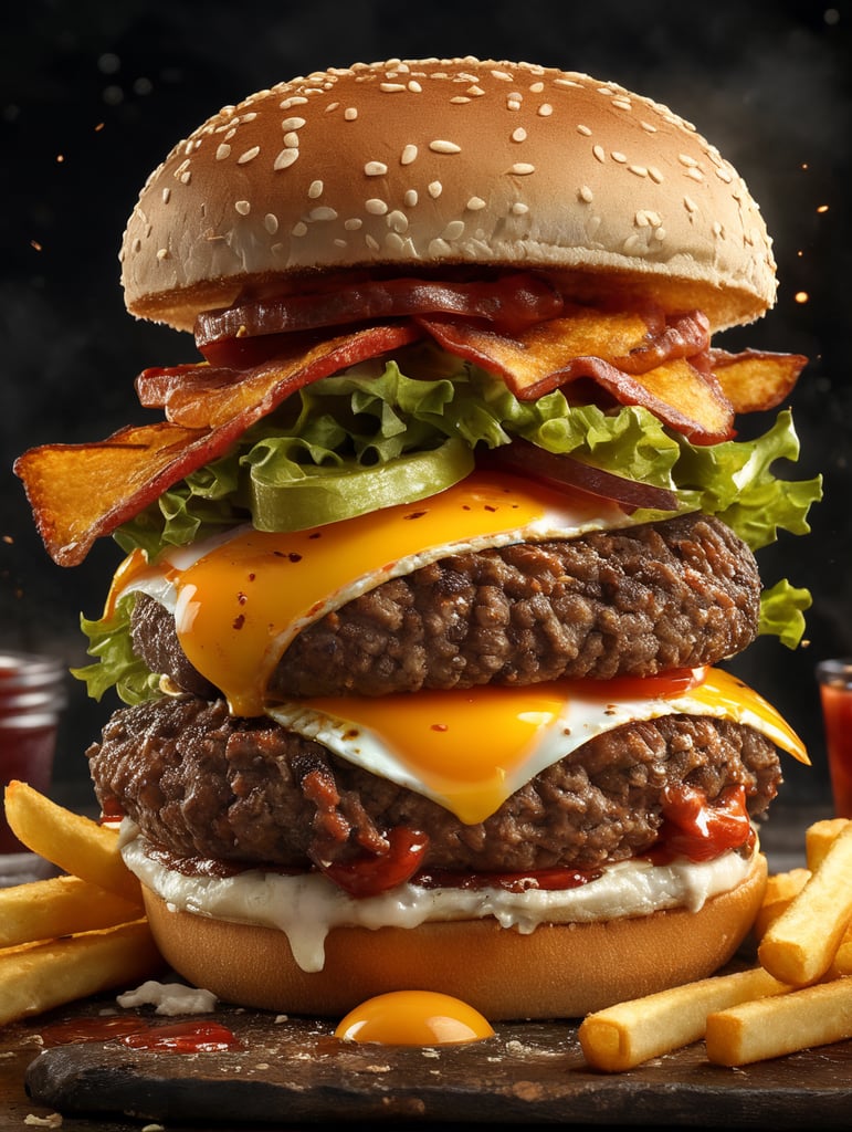 high quality cinematic food explosion hamburger with egg bacon cheese pickles ketchup fries