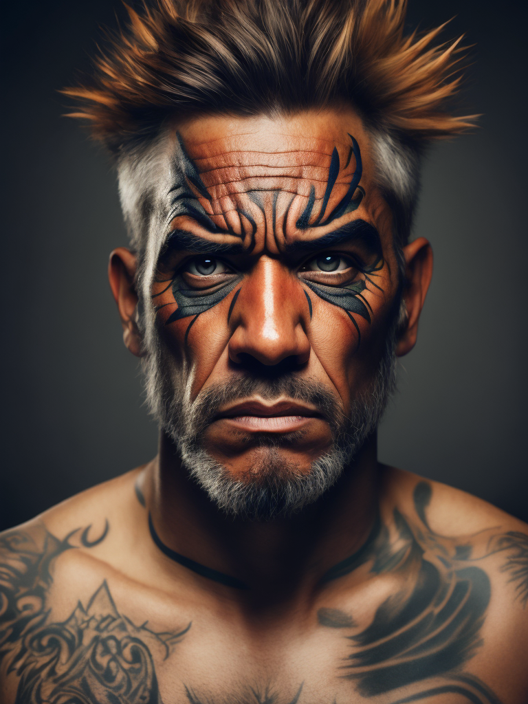 Portrait of New Zealand Native Man with angry face, face tattoos, Contrast color, studio photo, professional photo, Rich colors, Detailed image