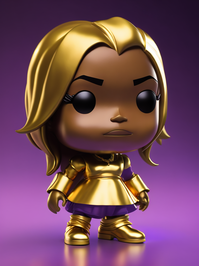 Full body Plastic figurine of of beyoncé with gold hair, gold dress, gold boots, 3d octane render, funko pop, violet background, vibrant colors