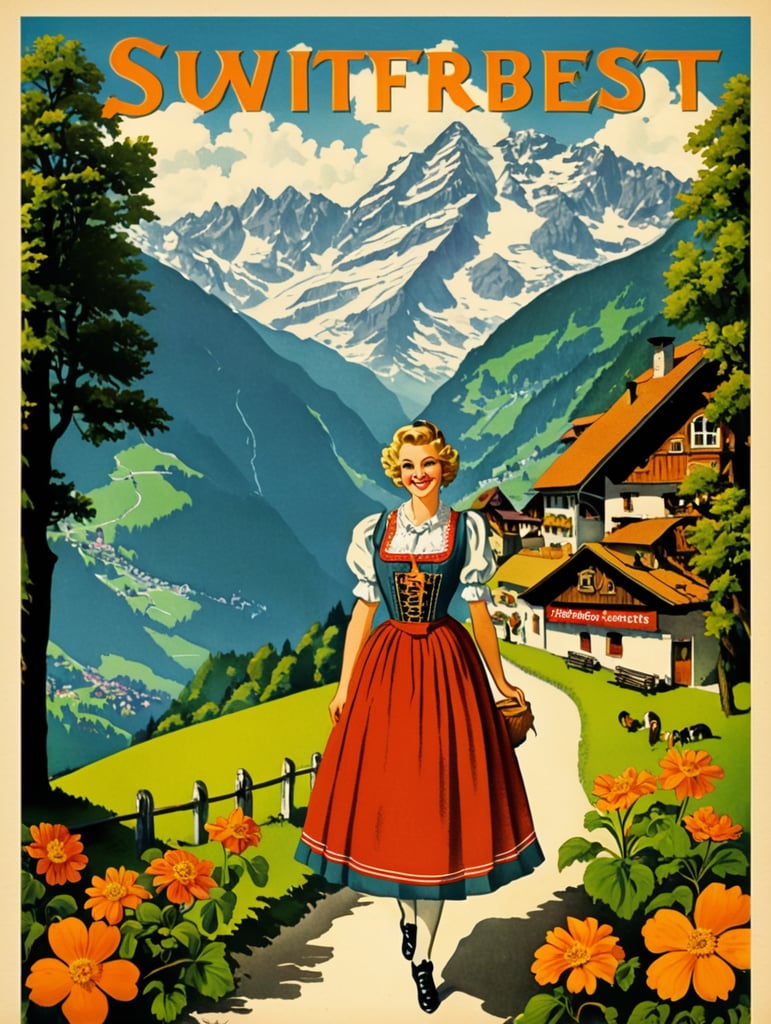 Switzerland, vintage Octoberfest postcard illustration