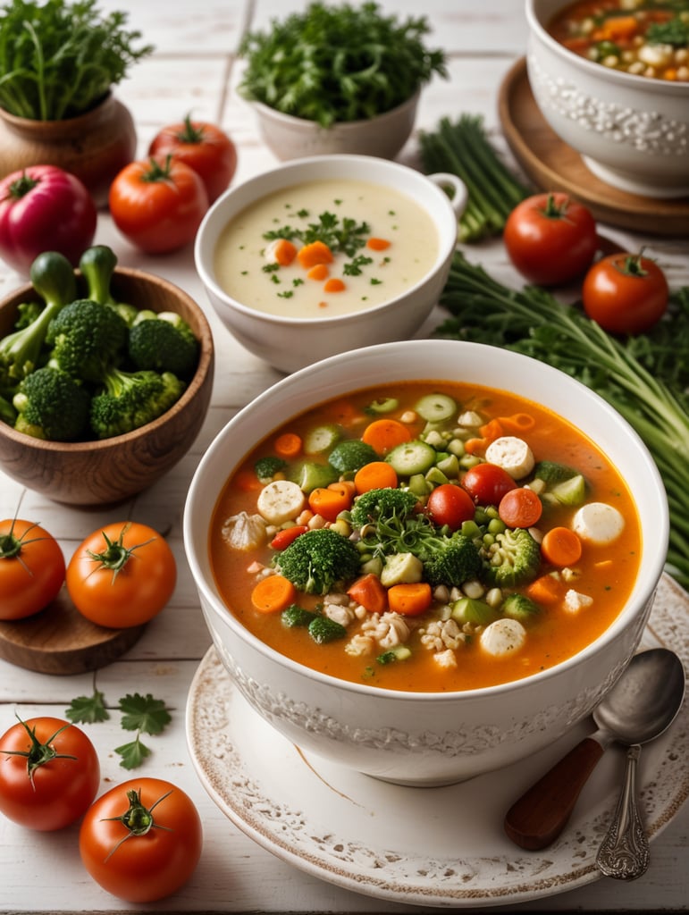 Soup in a bawl at the wood table with some vegetables decorating, white painted wood background cenario