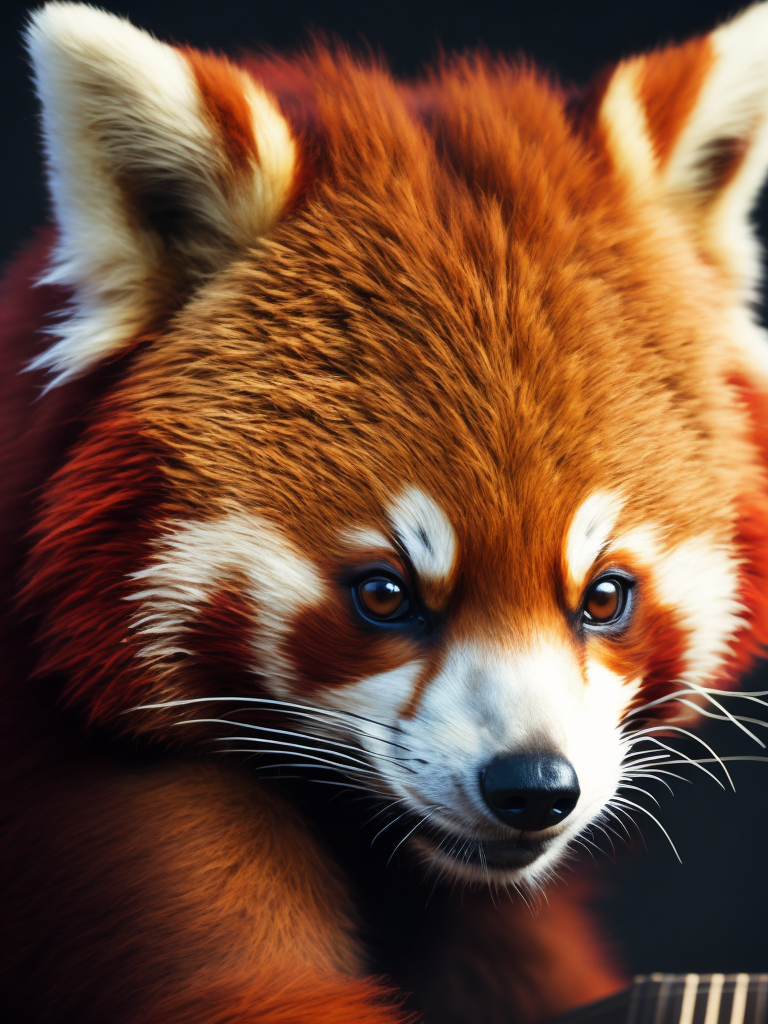 Red panda bear playing guitar, Vivid saturated colors, Contrast light, studio photo, professional photo, Detailed image, detailed face