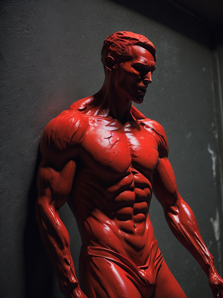 Red plastic statue of a man melting into the concrete concrete room dark and moody