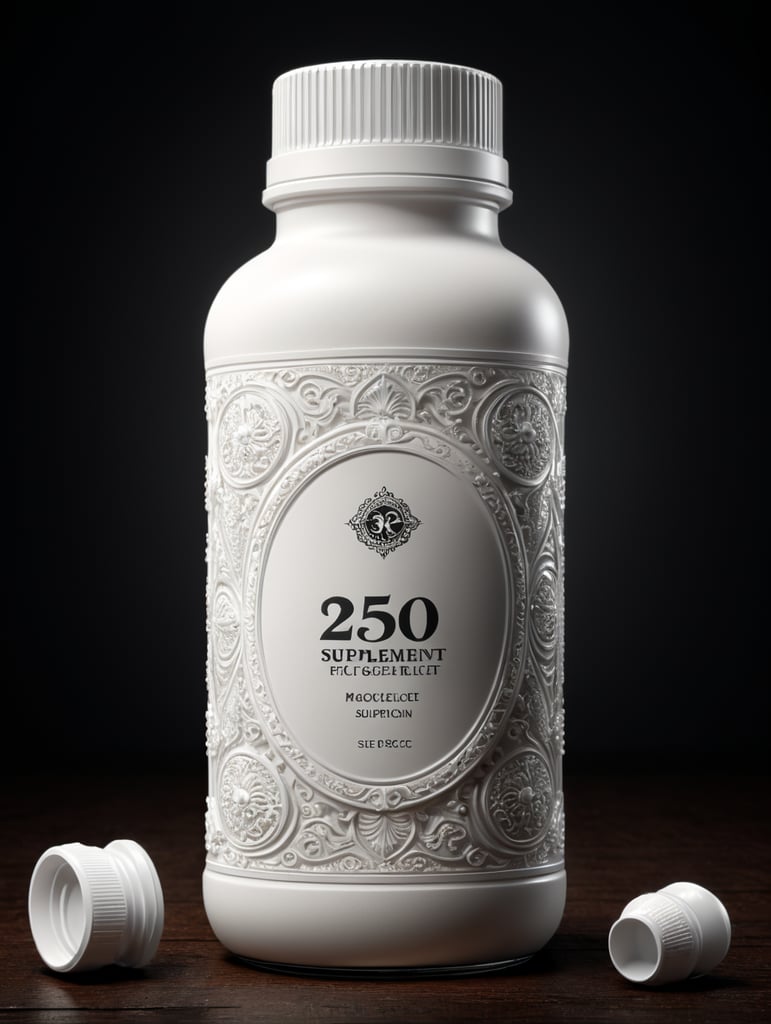 Mockup of a 250cc white supplement bottle, side view, in the center of the image