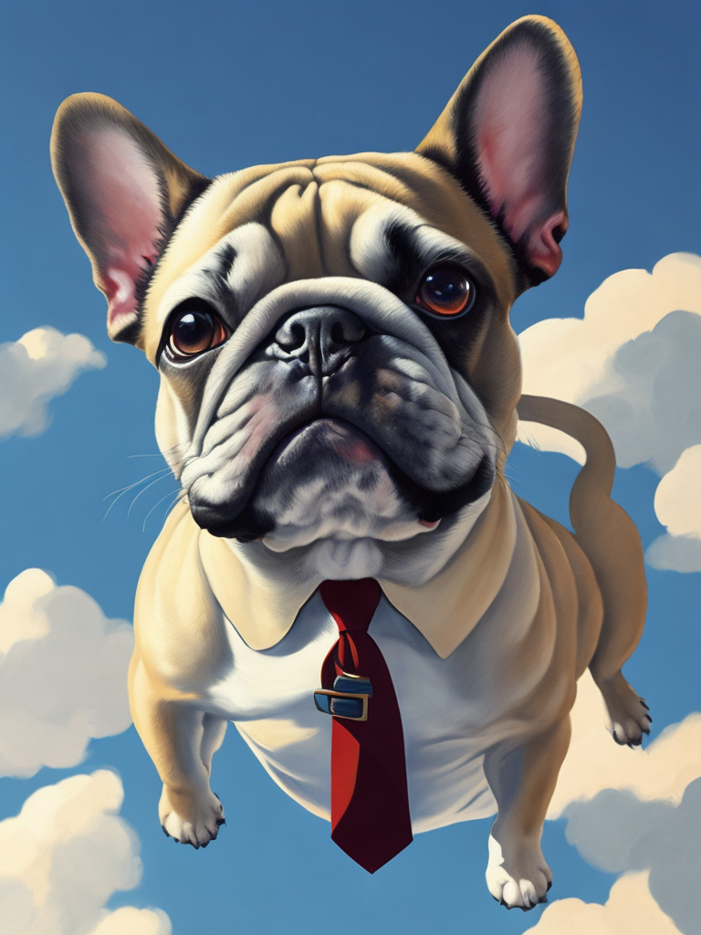 A painting of a cute french bulldog in the sky, wearing a suit, natural light, with bright colors, by studio ghibli