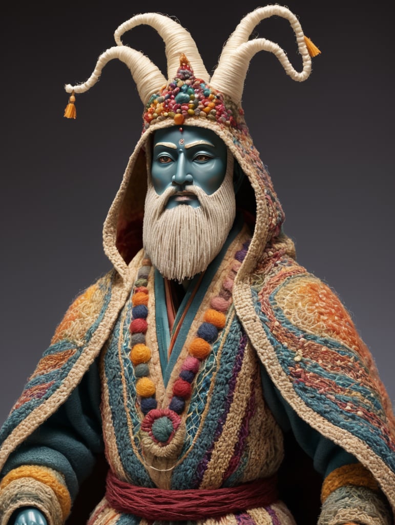 a humanoid figure made entirely of various colored yarns, strings, and threads.body is roughly human-like in shape, with long limbs and a somewhat slender build.head is adorned with a pointed hat, also made of yarn, which is topped with a small, ornamental pom-pom.has large, round eyes. skin tone appears to be a mix of various colored yarns. wears a long, flowing robe made of different colored yarns, with intricate patterns woven into it. The sleeves of the robe are wide and voluminous, and it has a deep hood that he can pull up over his head when needed.