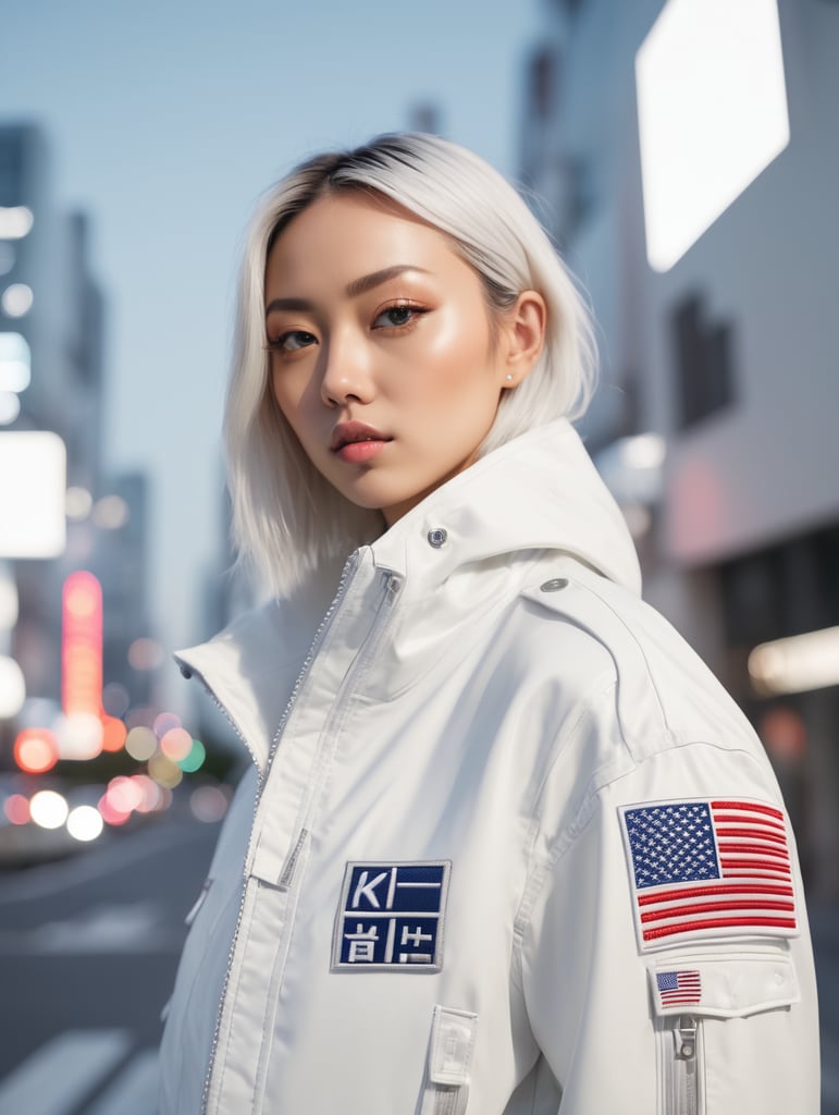 Silver kith jacket, american flag patch, futurist, shot in tokyo at night, shot on leica, fashion portrait, by kith