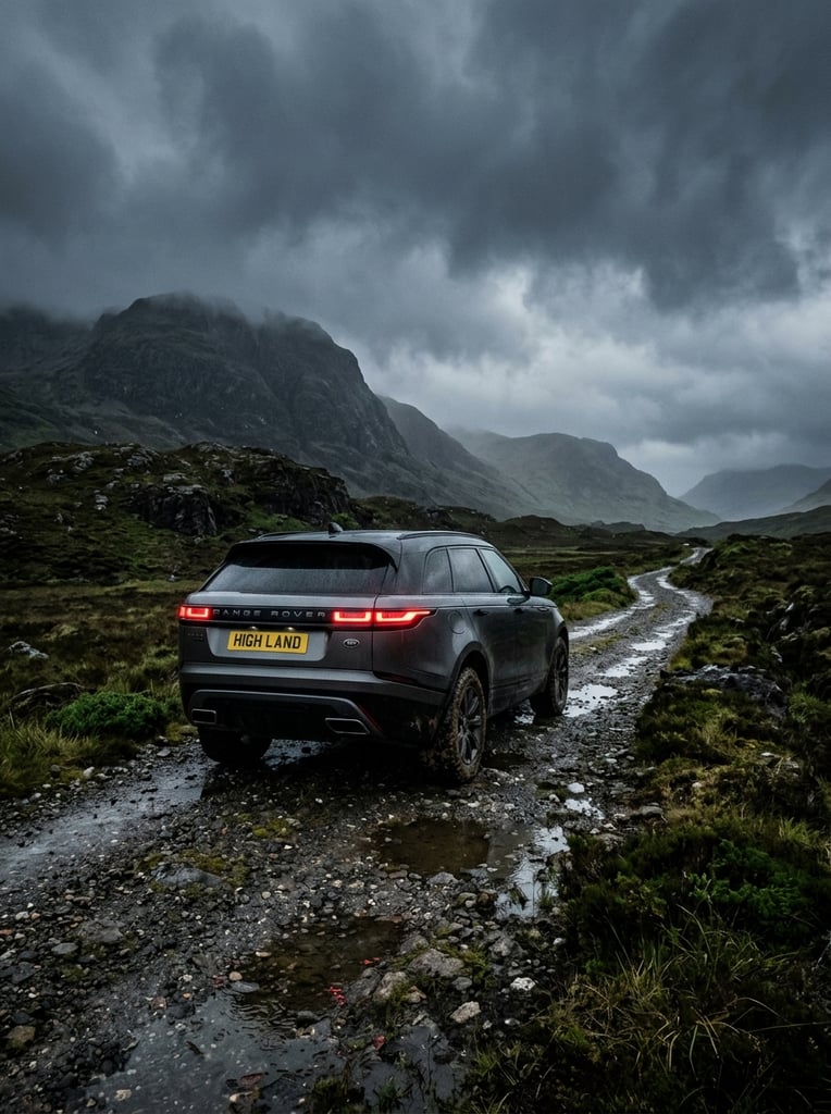 A dark grey luxury SUV rests on a rugged gravel track traversing a desolate, moss-covered landscape under a brooding, stormy sky. Viewed from a low rear angle, the vehicle's aerodynamic contours are punctuated by glowing, narrow red taillights that pierce the gloomy atmosphere. The uneven terrain features patches of dark green vegetation and small, reflective puddles. Massive, rolling hills fade into the foggy background, anchoring the cinematic composition. A muted, cool-toned color palette dominated by deep teals, greys, and earthy greens creates a striking contrast with the vehicle's crimson lights, emphasizing the harsh, isolated environment.