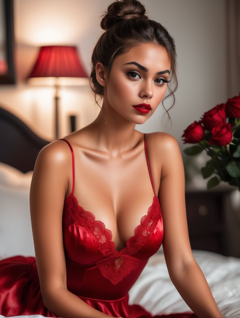 High quality image, a beautiful 22 year old brunette girl, slightly tanned, messy bun, red lipstick, medium bust, wearing a short red lace trim satin nightie, sitting on a bed scattered with roses in a dimly lit bedroom, dramatic lighting, blurred background