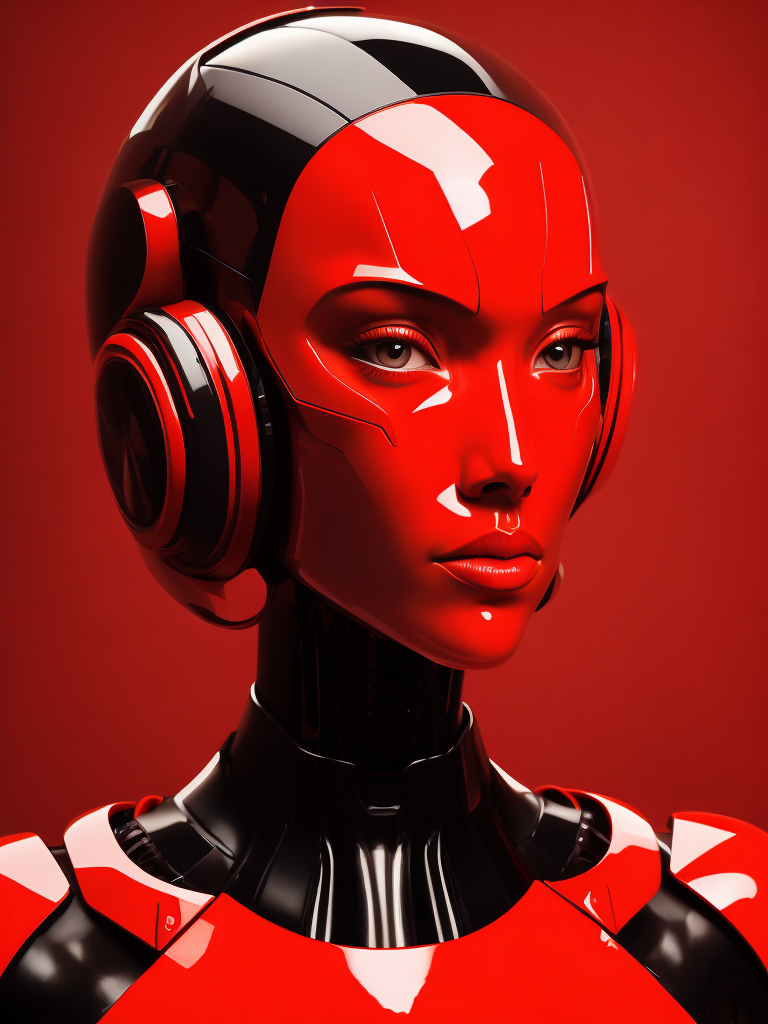 Portrait of an android girl made of red glossy material, sharp highlights, red background, Vivid saturated colors, Contrast color
