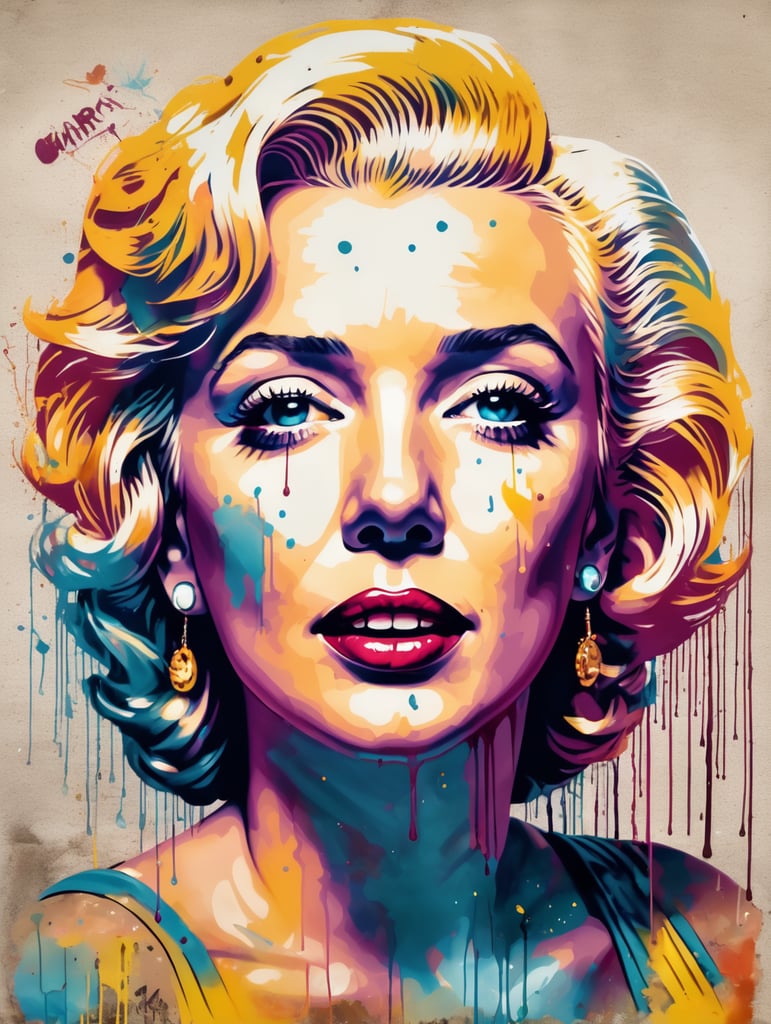 a portrait of marilyn monroe in a street-art graffiti stencil style, colorful and color-balanced with splashes and drips of paint