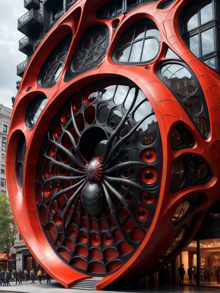 dream prompt: the craziest, bentwood, far view lens architectural modern style hyper realistic hyper detailed neocosmic exterior architecture design of a spider Fluid complex facade, geometric shapes spectrum, black::1 red:3, Antoine Blanchard architecture art style, in new york city, dramatic ambient, natural lighting, camera sony, 8k, --s1000 --style raw, you can imagine