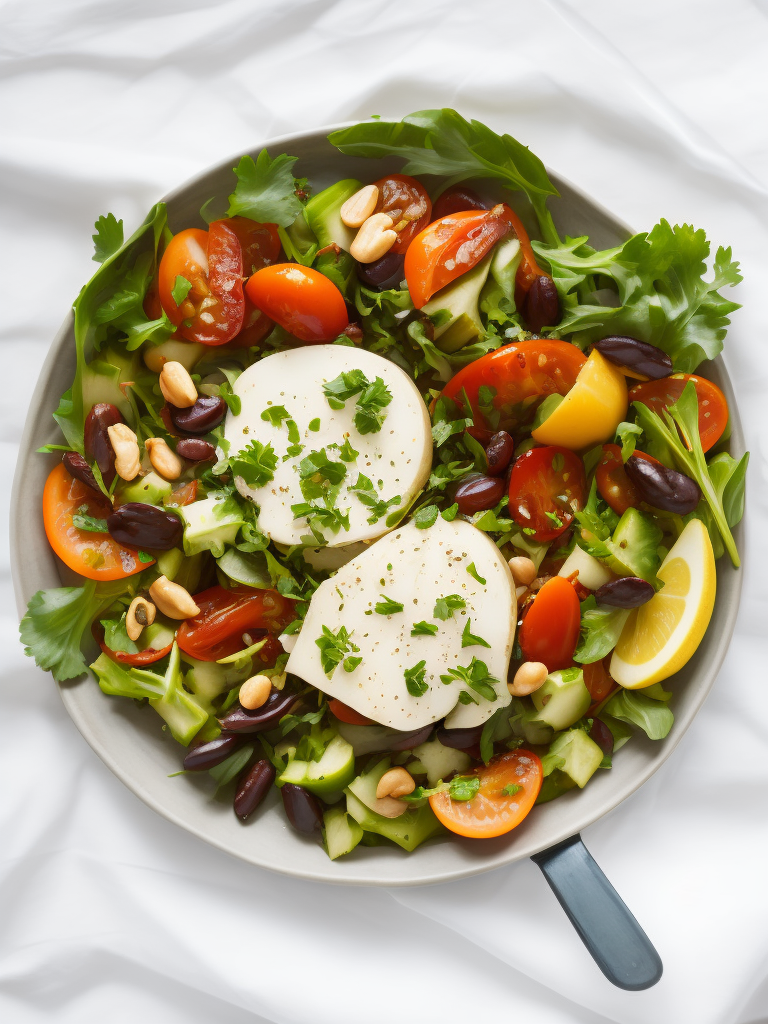 plate with salad, top view, on white tablecloth, sharp on details
