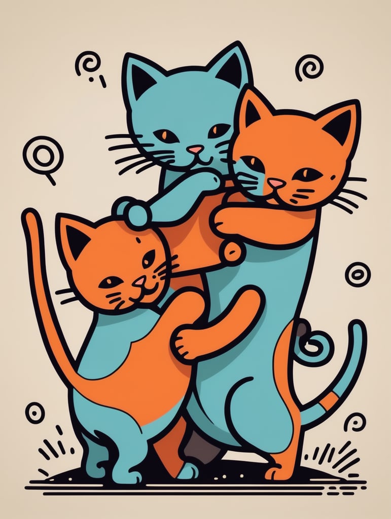 Simple figural illustration of a two kittens playing, solid color background, Keith Haring style graffiti, sharp illustrations, bold lines and solid colors, simple details, minimalism