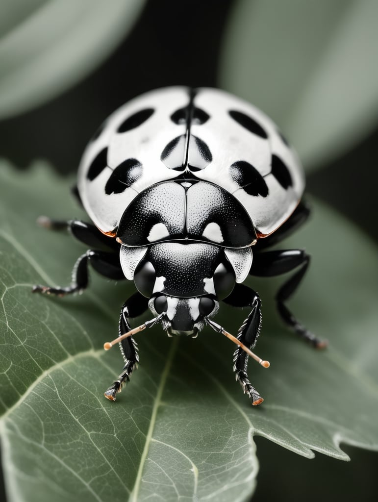 Pretty ladybird on a leaf black and white image
