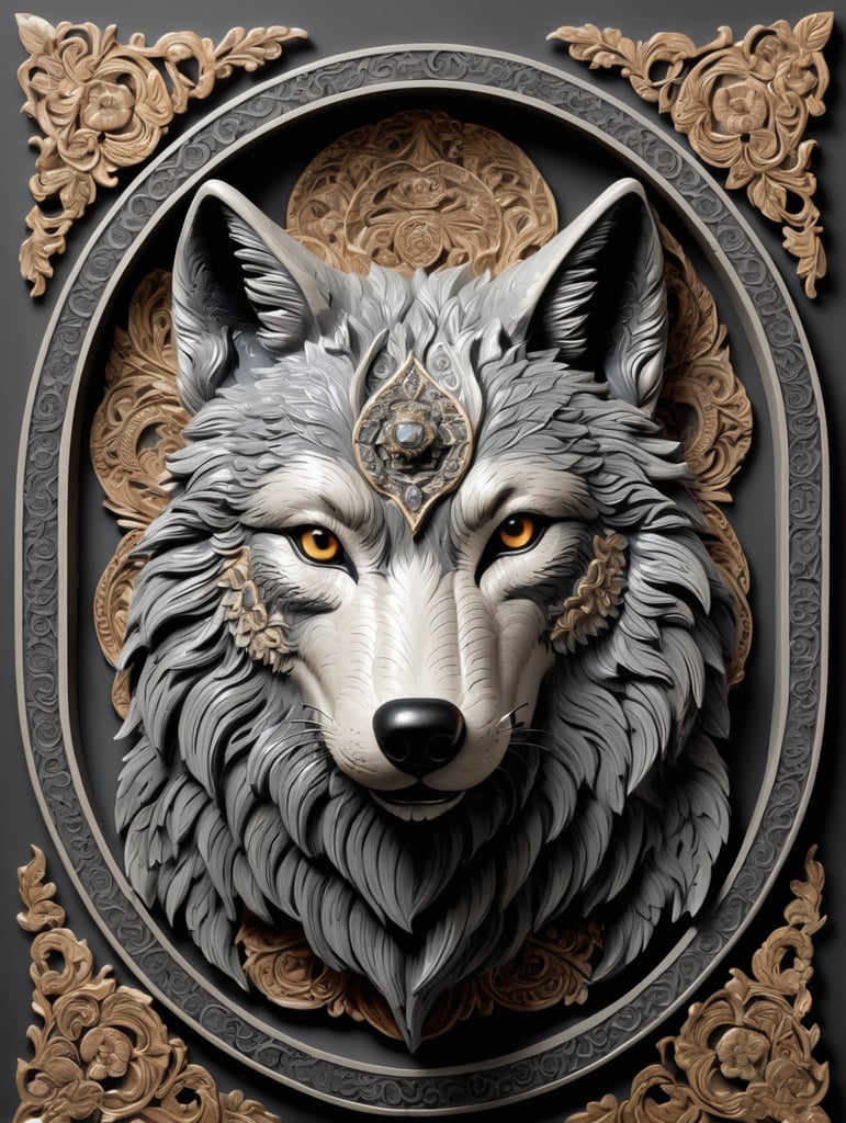 This is an image of a three-dimensional representation of a wolf, with intricate detailing that gives it an almost sculpted, bas-relief appearance. The wolf is depicted with a noble and serene expression, and its fur is rendered in swirling patterns that add to the artistic quality of the piece. The color palette is primarily in shades of dark grey and black, which adds to the majestic and somewhat mystical aura of the wolf. There is also an ornate border framing the artwork, suggesting that this might be a decorative piece or a part of a larger installation.