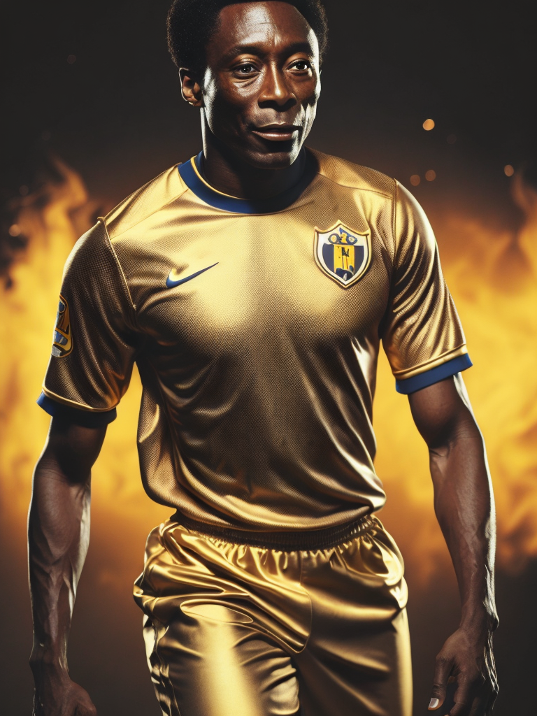 Pele's portrait in a golden football uniform, bright and saturated colors, highly detailed, fashion magazine, sharp focus, Dramatic Lighting, Depth of field, Incredibly high detailed, blurred background