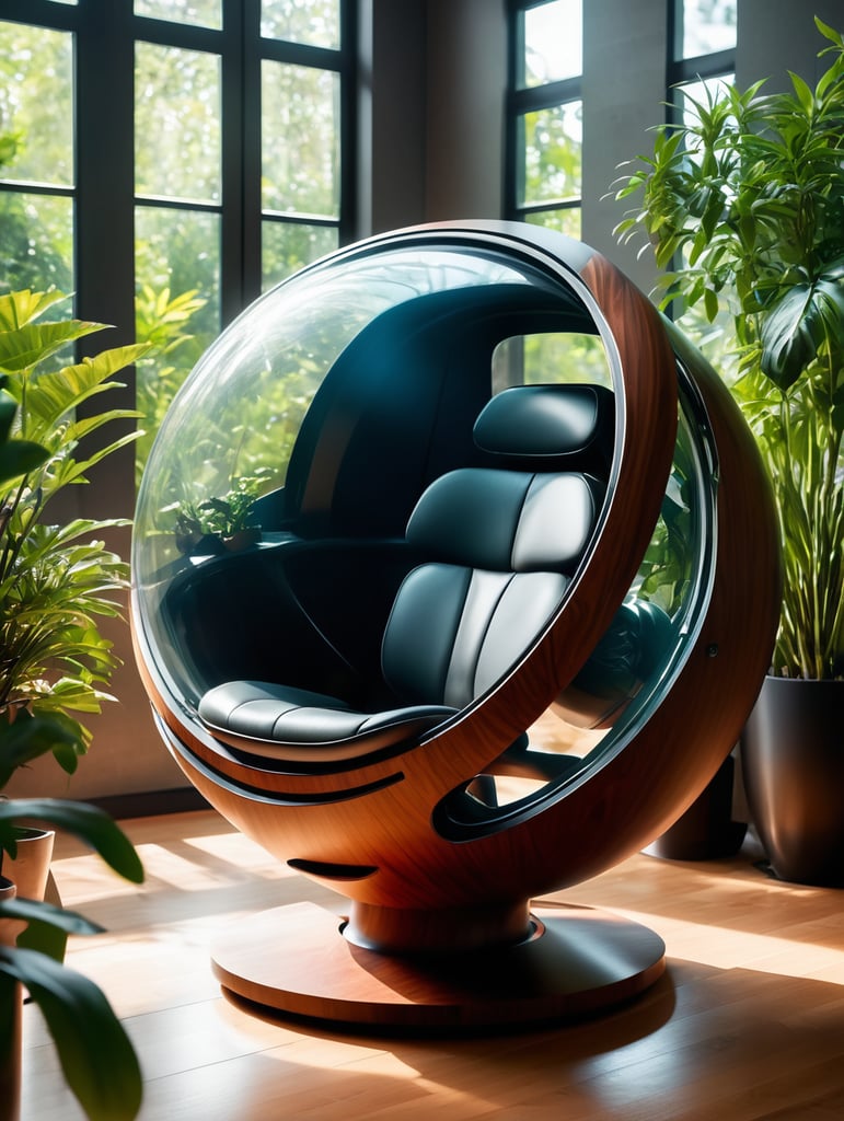 Futuristic sci-fi pod chair, flat design, product-view, editorial photography, transparent orb, product photography, natural lighting, plants, natural daytime lighting, zbrush, 8k, natural wooden environment