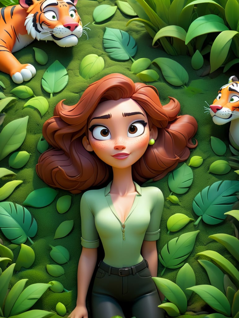 woman laying on lush jungle floor with leaves and a tiger, top down view