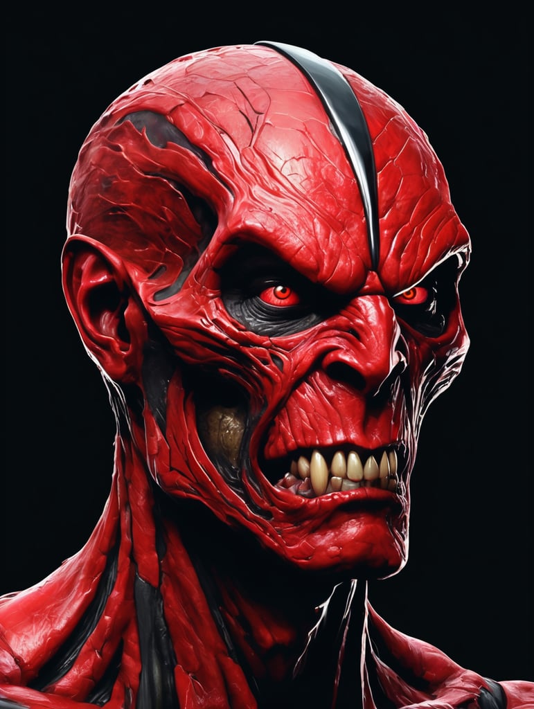 Gaming Logo. Create the image of a disfigured mutant being, inspired by the cover, and mutant de arca albums, red in color, with the appearance of varnished paint. On black background.vector image