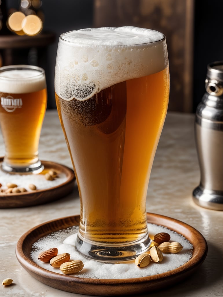 small round stainless steel plate filled with dry peanuts, one gorgeous pint of beer, beer swirl inside glass, one inch of white foam on top, transparent beer, frozen glass, advertisement, highly detailed