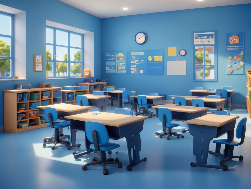 Sala de aula, com carteiras ao lado, em tom de azul