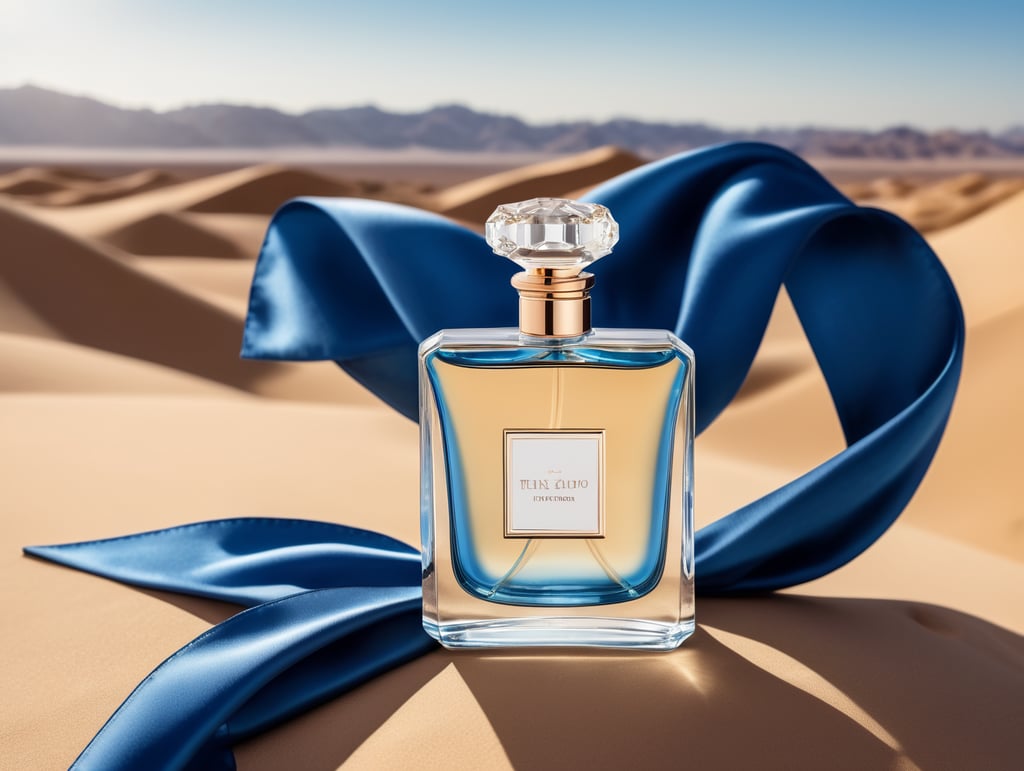 professional photography of a luxury perfume bottle in the desert, Blue satin scarf in the background, no label, clear, mockup