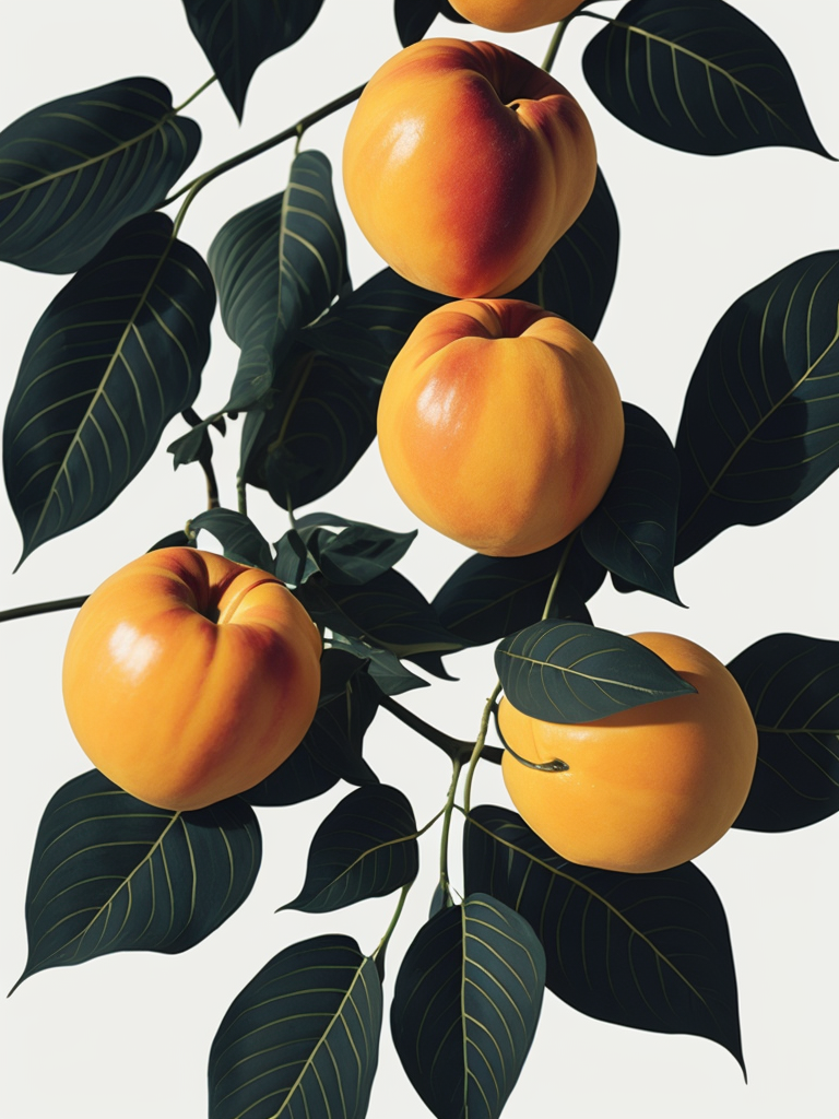Peaches With Leaves, Flat, Tamara Lempicka, White Background, Art Deco, Photoillustration