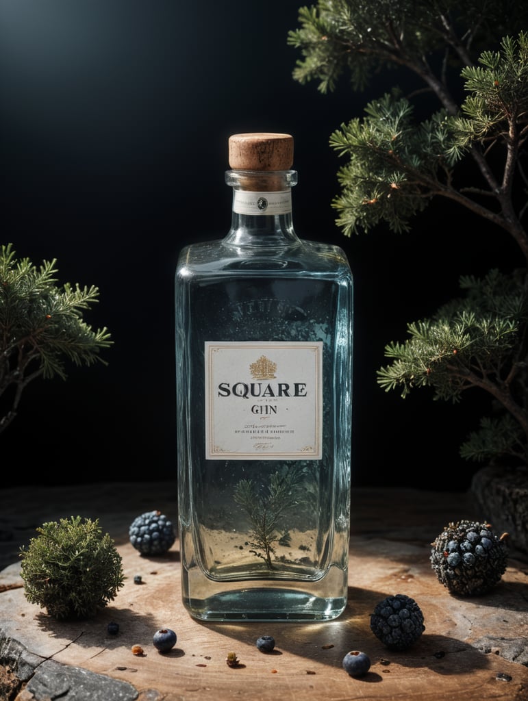 professional photography of a square gin bottle, square bottle, surrounding a juniper and juniper berries, one shot of gin in a front, no label, clear, mockup