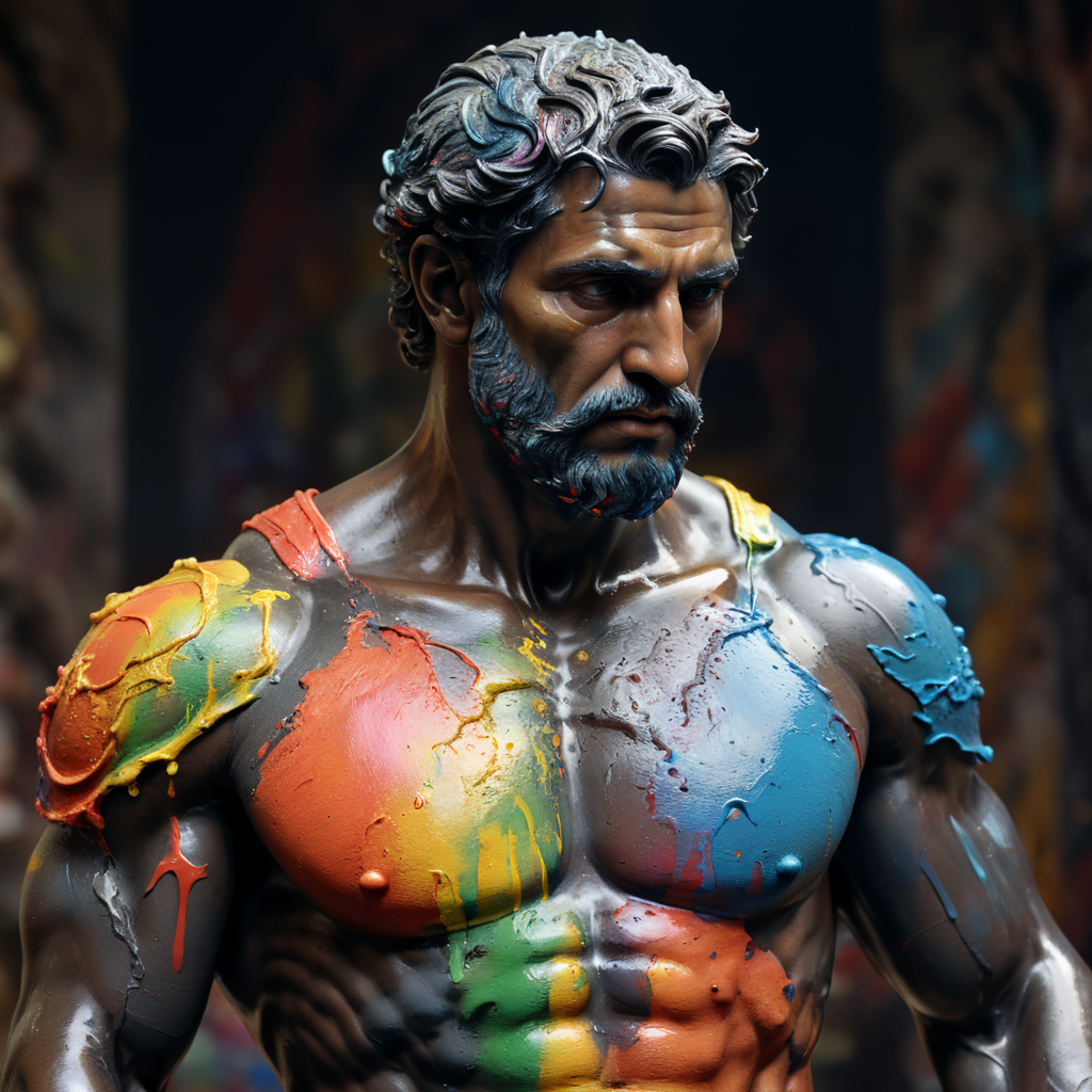 greek male bust with colorful paint, melted, the paint is flowing, aesthetic background