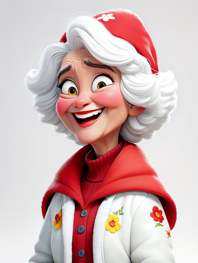 a happy young women with white hair and red hat on his head is wearing a white fluffy jacket, isolated, white background