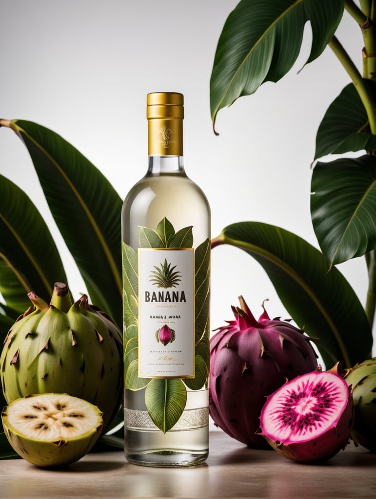 Packaging and branding for a banana vodka brand as if it had been designed by HI ESTUDIO with In a set design with banana, dragon fruit and dry banana leaves.