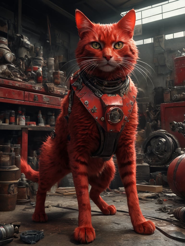 red atomic punk cat, frank miller style, garage