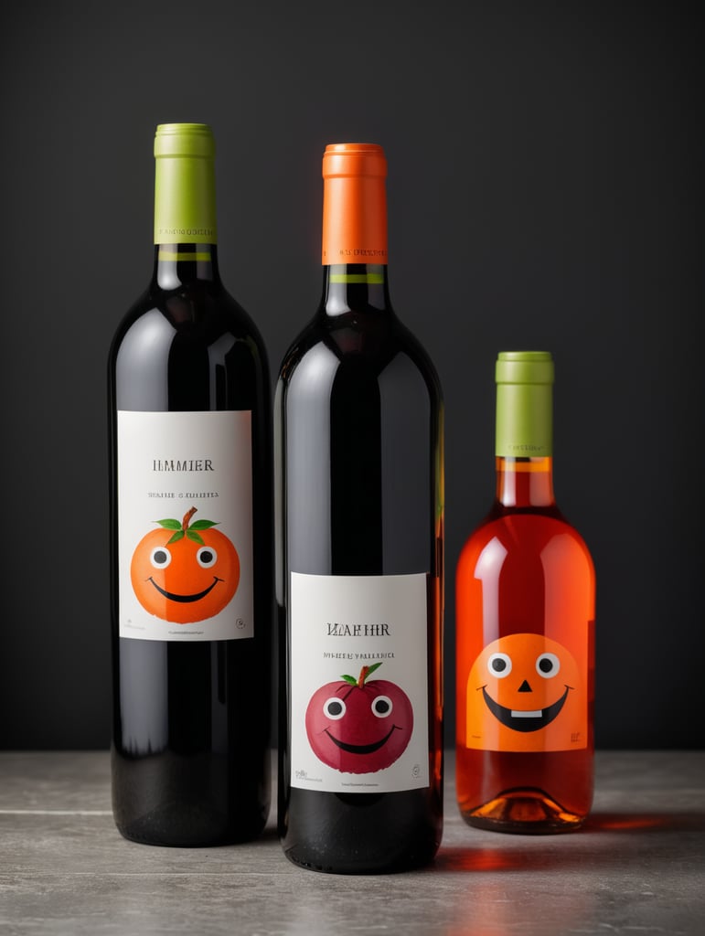 dos botellas de vino tinto con etiquetas ilustradas por un niño de kinder con caras felices y personajes de palitos con colores vibrantes, las botellas que sean de acrilico de color naranja y verde fosforescente. en set fotografico profesional minimalista con fondo gris obscuros