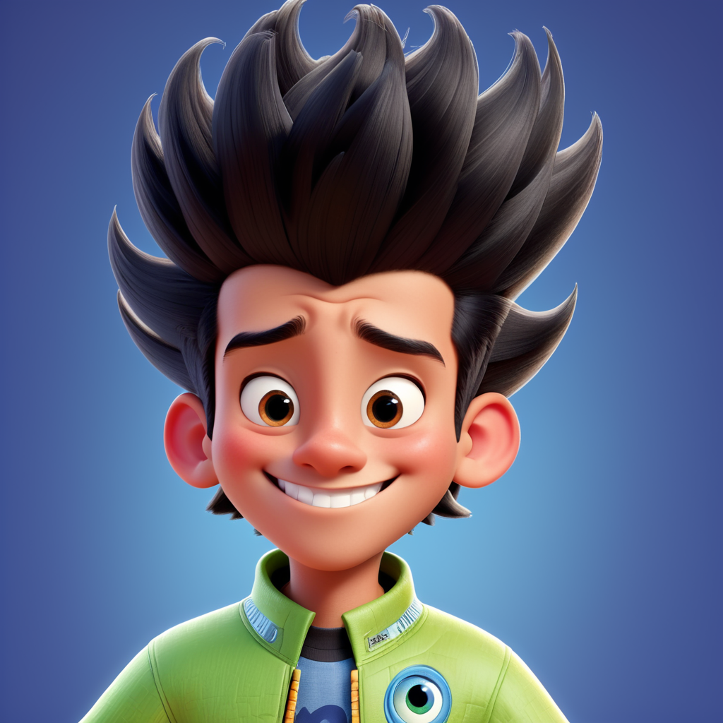 a skinny South American teenager, very happy, with quiff-like hair, with a bumpy nose in the middle mascot for pro-art company, Disney Pixar Style